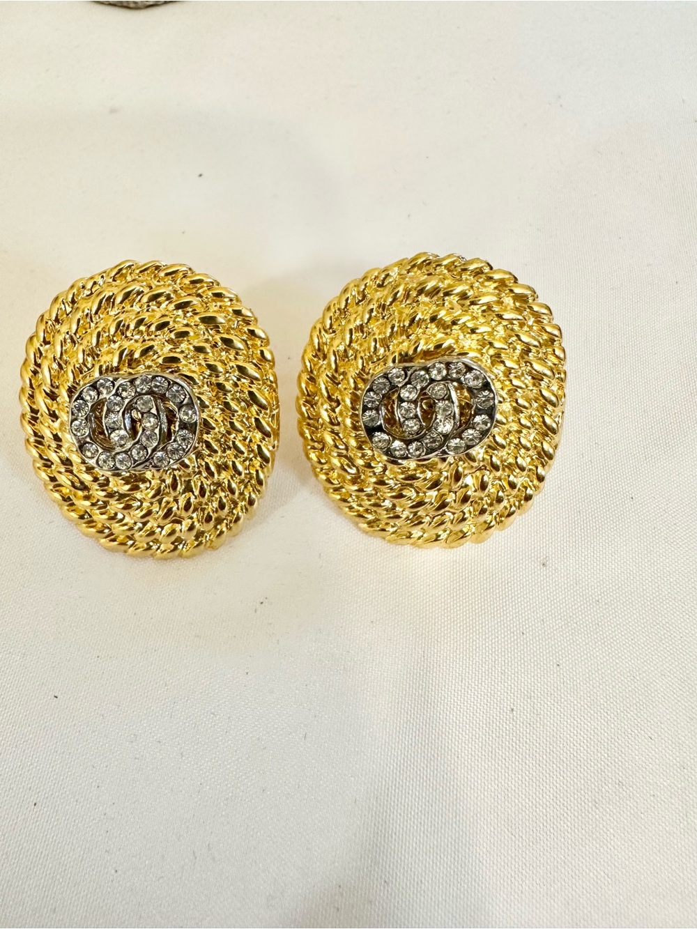 VTG Gold Plated Gold Twist Rope Crystal Accent Button Earrings